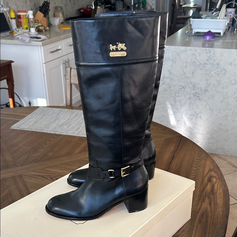 Coach Black Leather Boots with Gold Logo